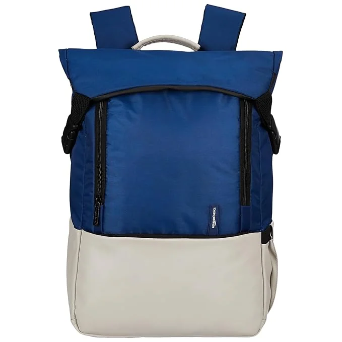 amazon basics Professional Laptop Backpack for Office, College & Travel | Laptops up to 15.6 Inches | Trolley Sleeve | Wrinkle-Free Design | Water-Resistant | Rainproof Zippers (Beige and Blue) - Best Price ₹1499 at Amazon