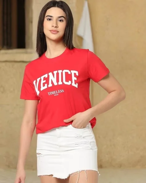 Women Typographic Print Boxy Fit Round-Neck T-Shirt