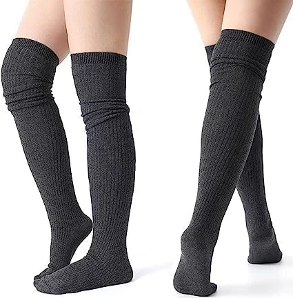 Stripe Warm Woolen Thigh High Knee High Leg Warmer Winter Long Boot Cuffs Socks for Women (Pack of 1), Grey