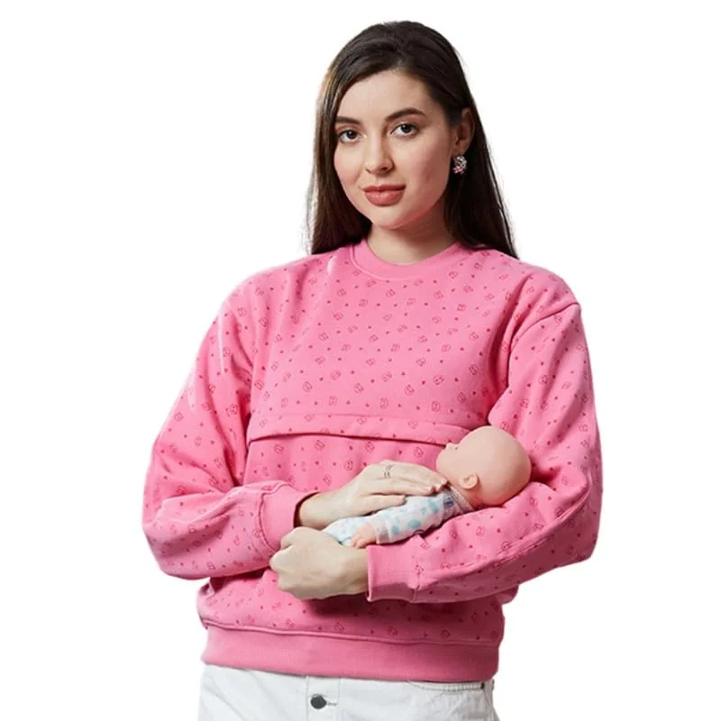 Maternity Tops for Mothers with Zip | Stylish Printed Sweatshirt with Concealed YKK Zipper in Knitted Fleece for Pre & Post Pregnancy