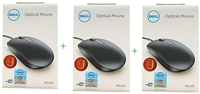 DELL MS116 OPTICAL MOUSE SET OF 3 Wired Ambidextrous Op...