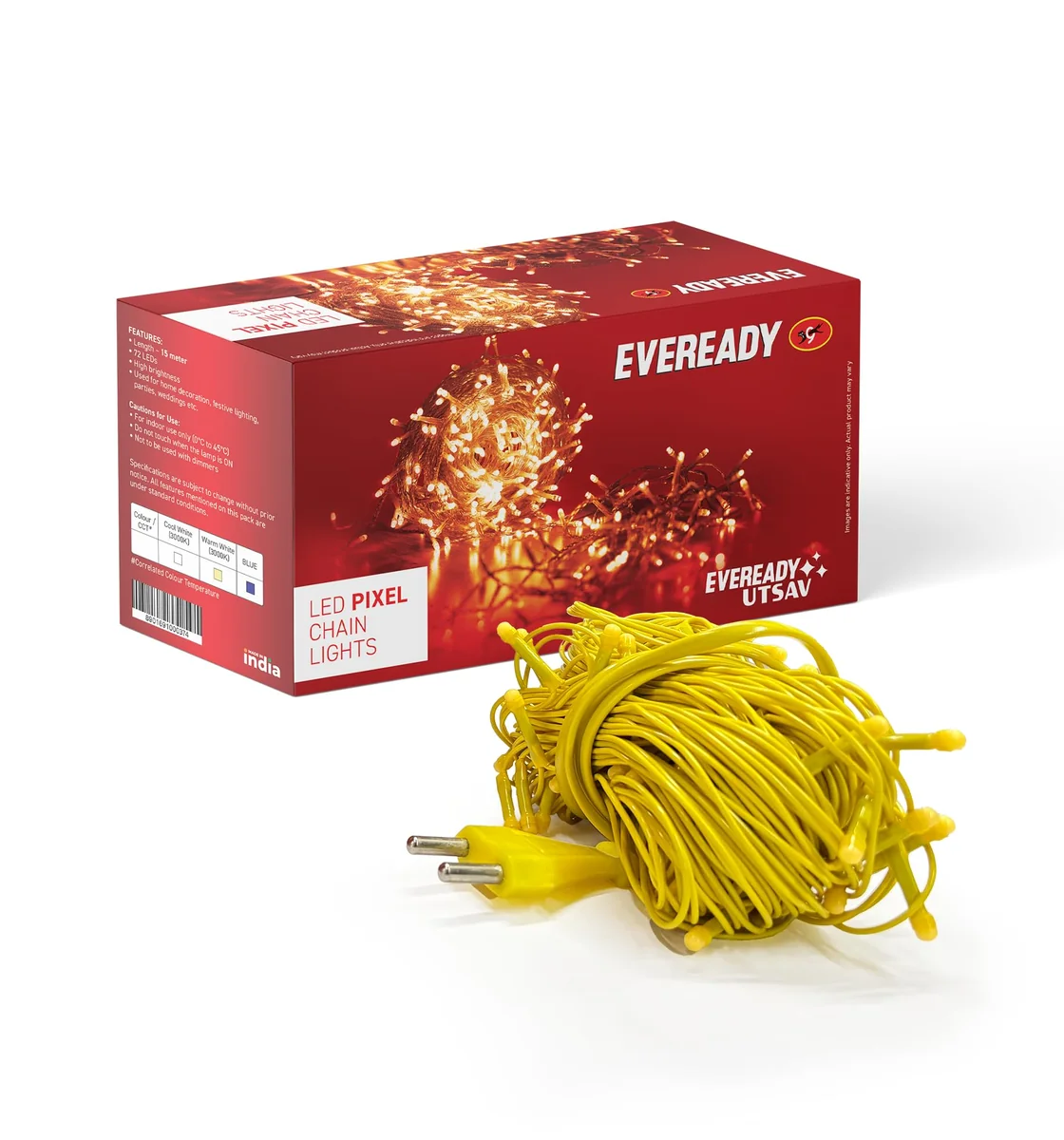 Eveready UTSAV, 15 Meter LED Pixel Chain Lights, 72 LEDs, BIS Approved, Decoration Lighting for Diwali, Christmas, Weddings, Homes & More, Warm White, Pack of 1