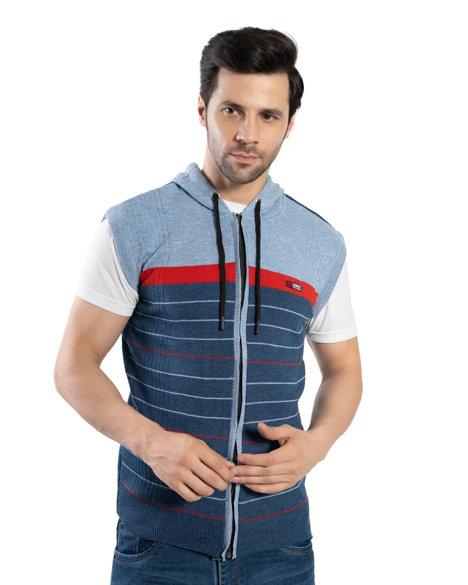 Men's Sleeveless Hooded Stripe Woolen Sweater | Stylish Zipper Sweatshirt | Regular Fit for Winter Office & Casual Wear