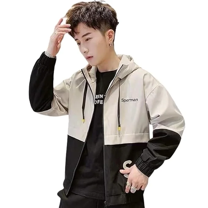 Image of "AniSom" Men’s Jacket with Full Sleeves Front Zipper and Hoodie Design for Casual Wear (Beige & Black L) - Best Price ₹699 at Amazon