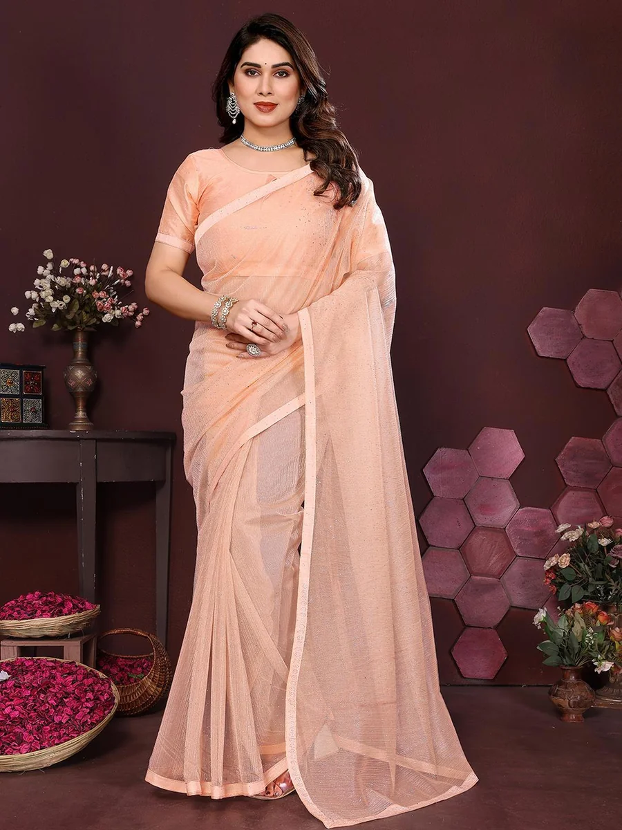 Peach Embellished Net Sarees - Best Price ₹320 at Myntra