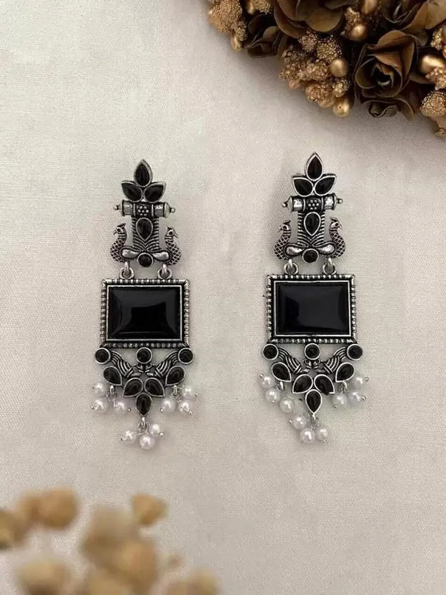 Silver-Plated Artificial Beaded Square Shaped Oxidised Drop Earrings - Best Price ₹299 at Myntra