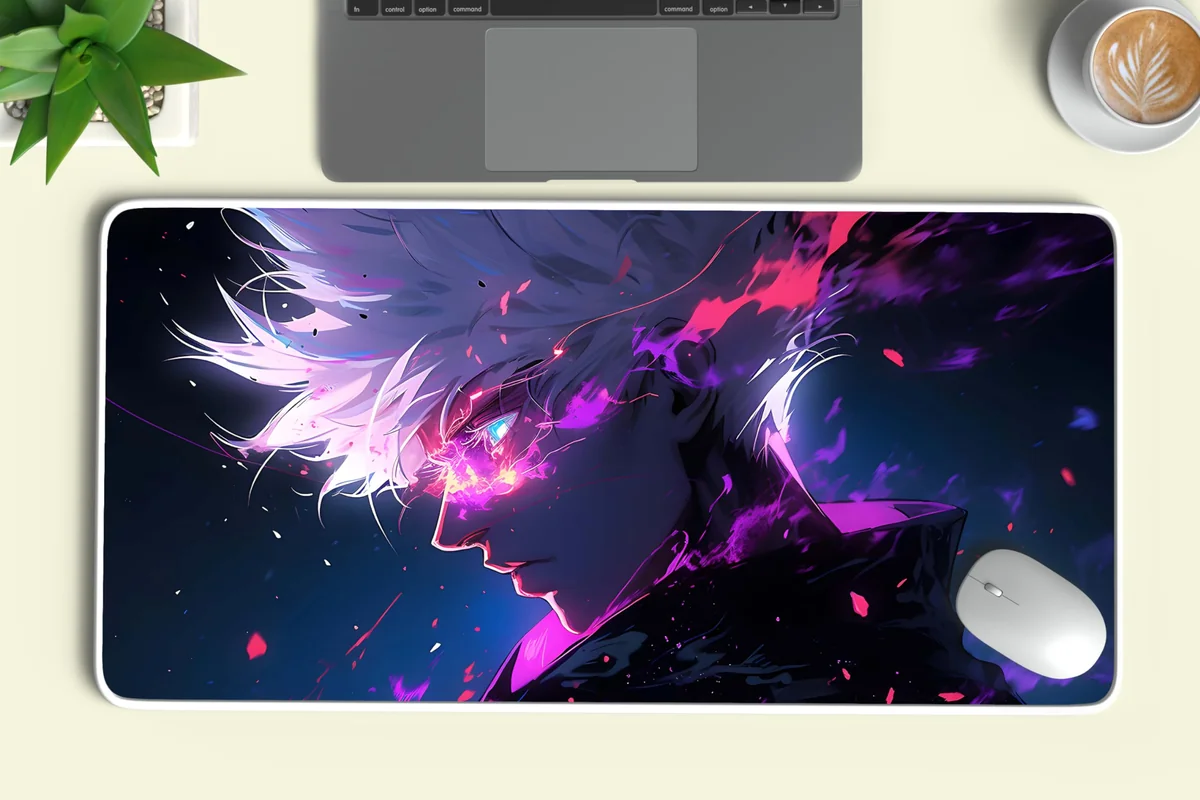 Saturo Gojo Cursed Energy Fighter Anime XL Mousepad - Extra Large Desk Pad for Gamers, 3mm Thick Rubber Base, Enhances Workstation Aesthetics