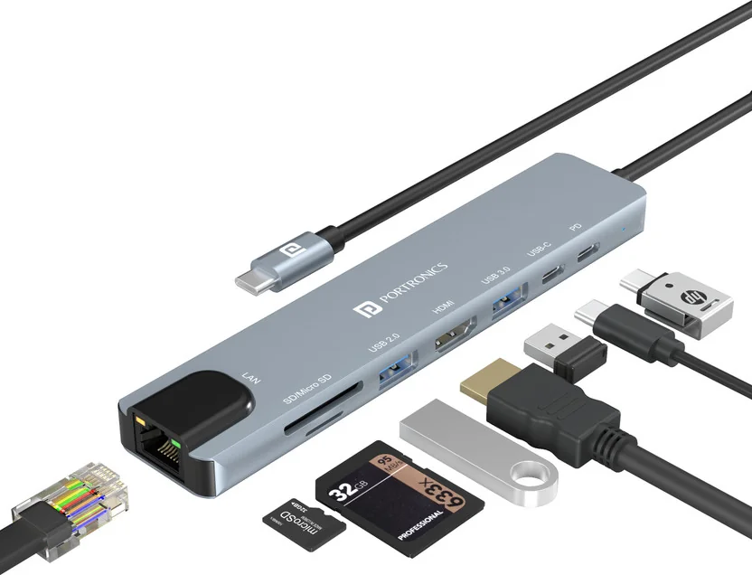 Portronics Mport 8 USB-C Hub, 8 Port, HDMI, Ethernet, U...