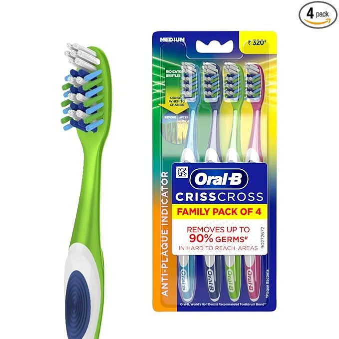 Oral-B Criss Cross Deep Clean Medium Bristles Manual Toothbrush For Adults,Tongue Cleaner, Multicolour Tooth Brush Set, Oral B Dentist Recommended Brand (Family Pack of 4) - Best Price ₹280 at Amazon