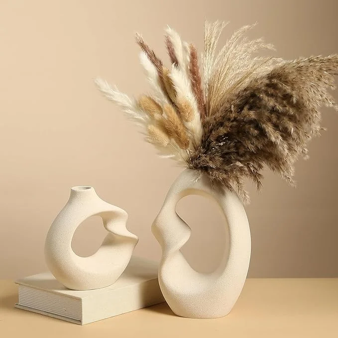 PUREZENTO Unique White Ceramic Donut Vase 8.5 & 5.7 Inch - Set of 2 | Decorative Donut Vase for Dried Flowers & Pampas Grass | Vases for Modern Home Decor, Living Room, Office Decor Ideas - Best Price ₹577 at Amazon