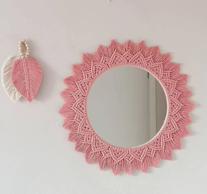 TIMJO Macrame Wall DÉCOR Mirror Hanging for Bedroom,Living Room(MADE IN INDIA)  (40 cm X 40 cm, Pink) - Best Price ₹397 at Flipkart