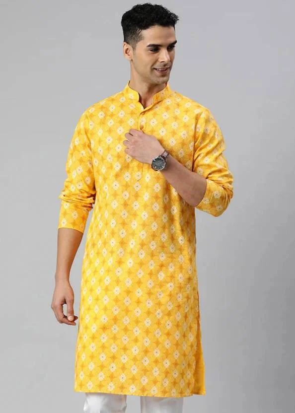 DARKCHILL Men Printed Cotton Blend A-line Kurta  (Yellow) - Best Price ₹313 at Flipkart