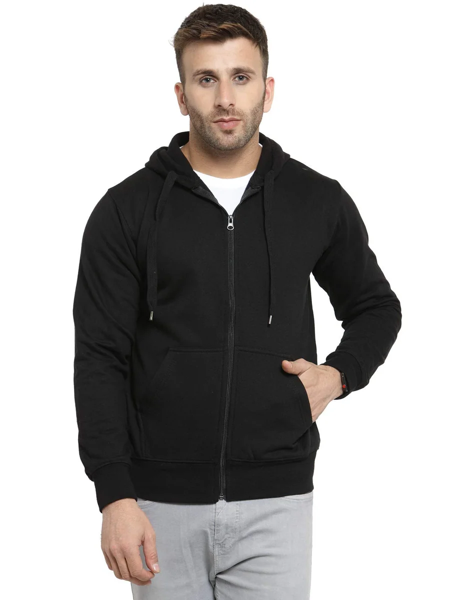 Men's Cotton Pullover Hoodie Sweatshirt with Zip (Black, Large)