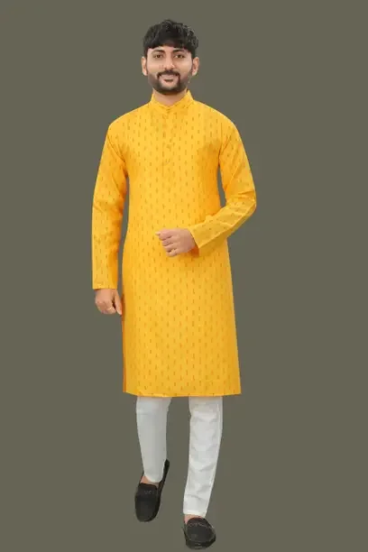 Colorbenz Men Printed Cotton Blend Straight Kurta  (Yellow) - Best Price ₹326 at Flipkart