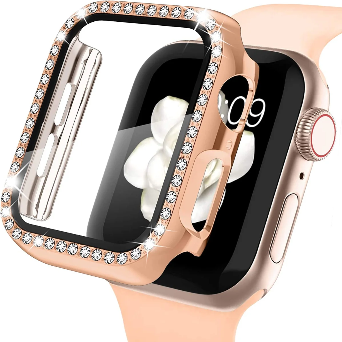 FOLX FAB25 Apple Diamond Watch Case with Glass Screen Protector Compatible with Apple iWatch Series 7/6/5/4/3/2/1/SE, Bling Crystal Diamond Rhinestone for Women Girls iWatch (45MM, Rose Gold)