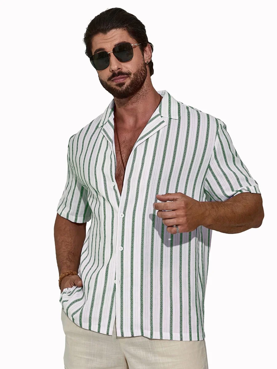 Men's Front Button Short Sleeve Striped Top, Casual (2026)