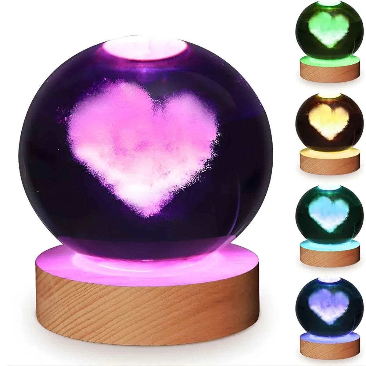 3D Crystal Ball Lamp with 16 Colors Changing LED Wooden Base - Solar System Night Light, Galaxy Lamps, Galaxy Crystal Ball Light with USB (Heart Ball)
