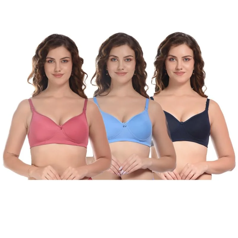 Xcare Women’s Non Padded Bra - Pure Cotton Full Coverage Non Wired Seamless Push- up Bras Combo for T-Shirt Saree Dress with Adjustable Straps (Pack of 3)