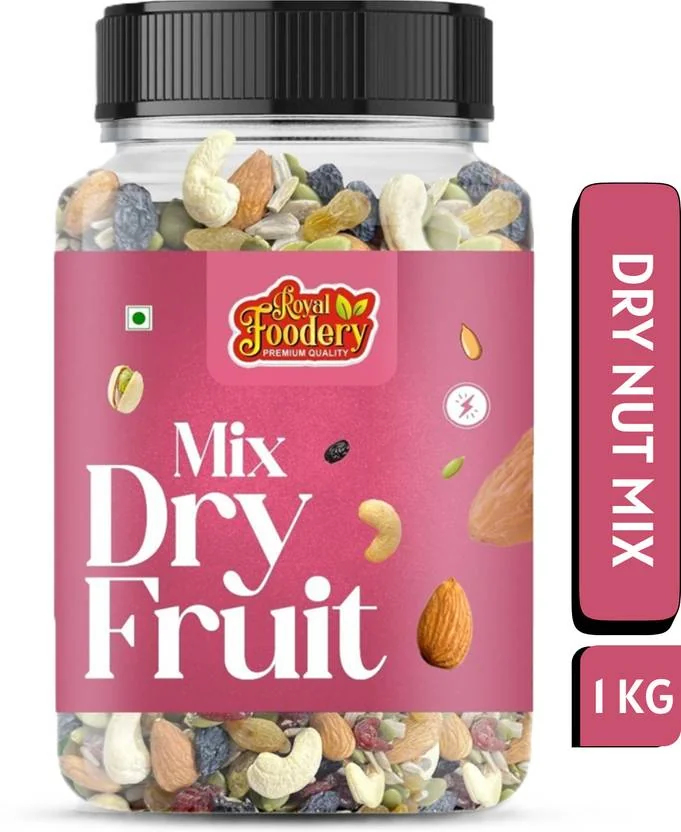 Royal foodery Mix Dry Fruit | Panchmeva | 1KG | JAR Almonds, Cashews, Dates, Raisins, Wet Dates, Walnuts, Amla, Wet Dates  (1 x 1000 g) - Best Price ₹423 at Flipkart