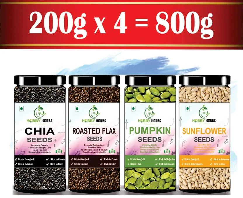 Hobby Herbs Combo Pack 800g ( 4 x 200g ) Roasted Flax , Chia , Pumpkin , Sunflower Seeds | Chia Seeds, Roasted Flax Seeds, Pumpkin Seeds, Sunflower Seeds  (4 x 200 g)
