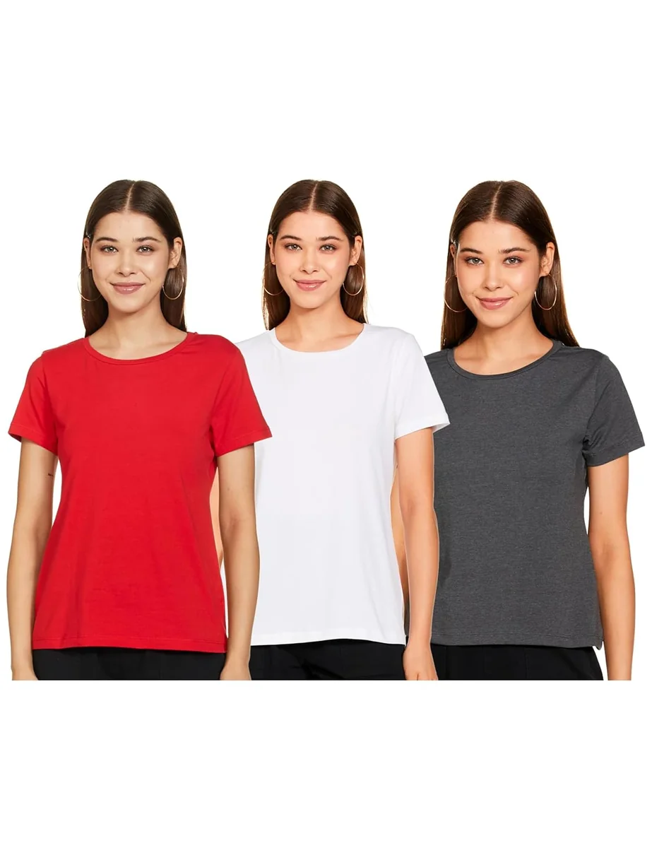 Amazon Brand - Symbol Women Cotton Stretch Half Sleeve Round Neck Regular Fit T-Shirt (Pack of 3) - Best Price ₹299 at Amazon