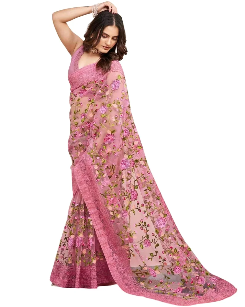 Womens Graceful Embroidery Net Saree With Mono Banglory Blouse