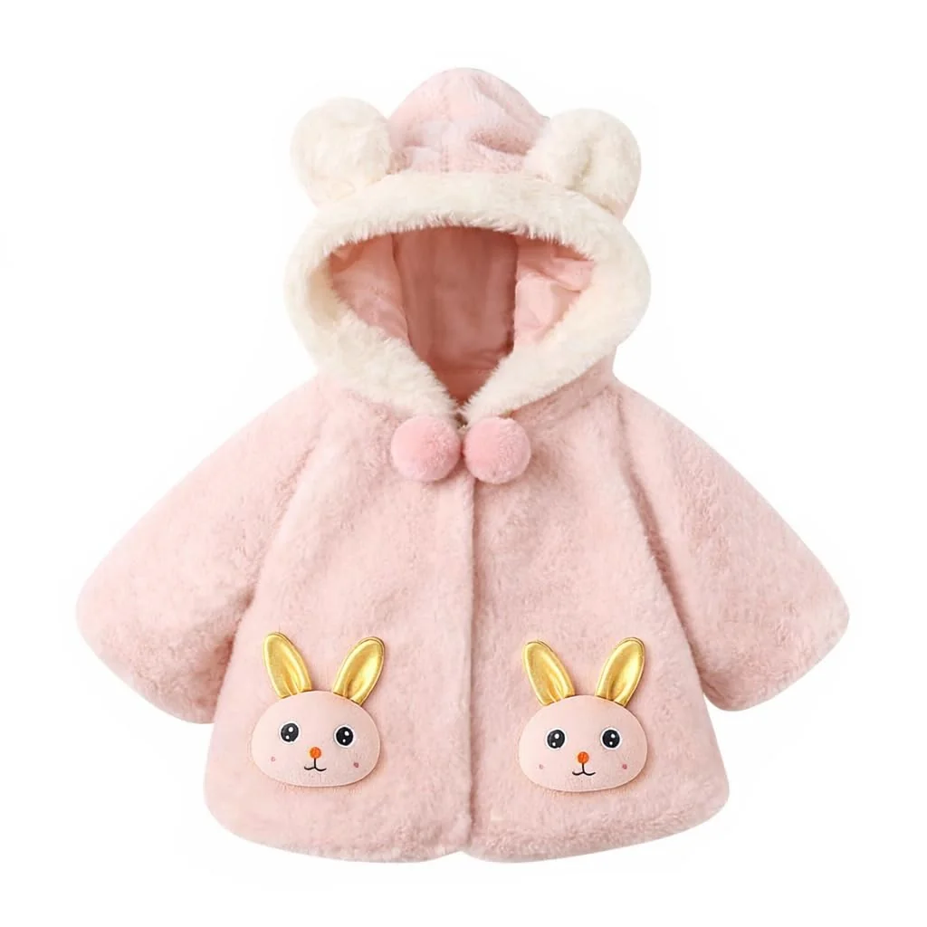 Faux Fur Warm Winter Outerwear Hooded Baby Jacket Coat Blanket with Soft Plush Golden Bunny Ear for Infant Toddler Boy Girl Kids