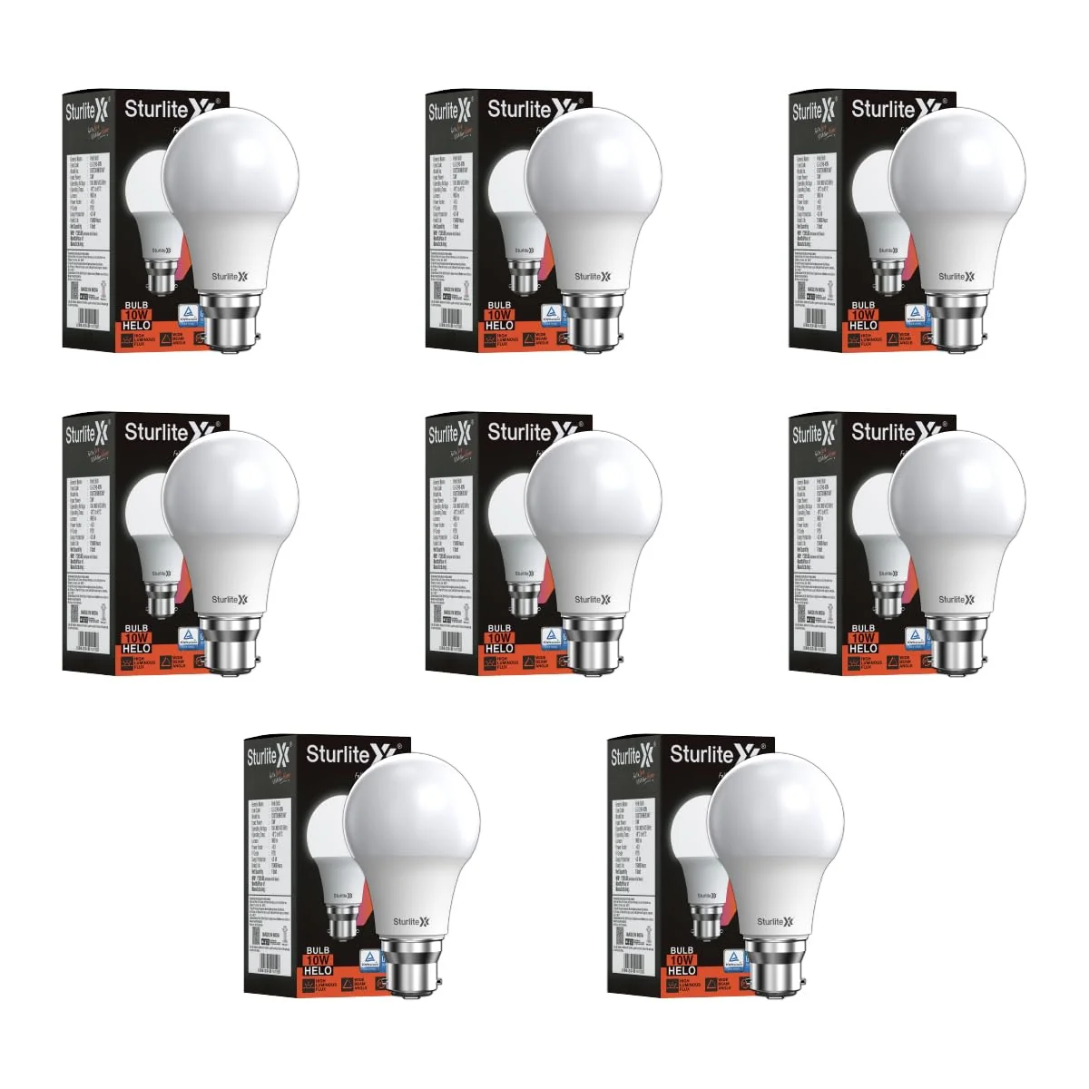 Sturlite Helo 10W LED Bulb| German Quality Certified With Advance CRI Technology| 15000 Hrs Rated Life and 900 Lumens Brightness| BIS and BEE Approved| B22 Base Energy Efficient Lighting - (Pack of 8)