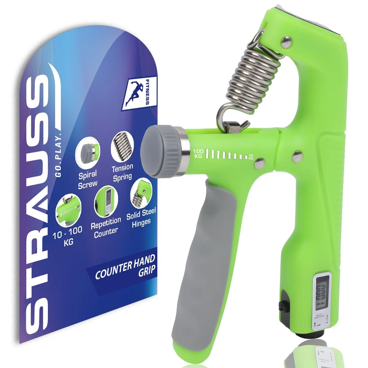 STRAUSS Plastic A-Shape Hand Grip with Digital Counter | Adjustable Resistance (10KG -100KG) | Hand/Power Gripper for Home & Gym Workouts | Finger & Forearm Hand Exercises & Strength Building (Green)