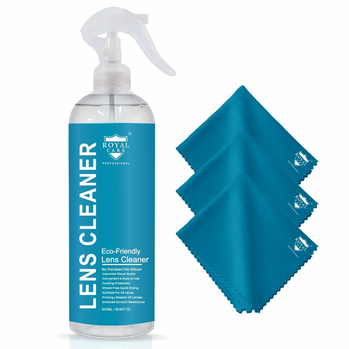 ROYAL CARE Lens Cleaner Spray Kit – 500ML Refill bottles with 3 Microfiber Cloths – Eyeglasses, Cameras, and Lenses - Safely Cleans Fingerprints, Dust, Oil