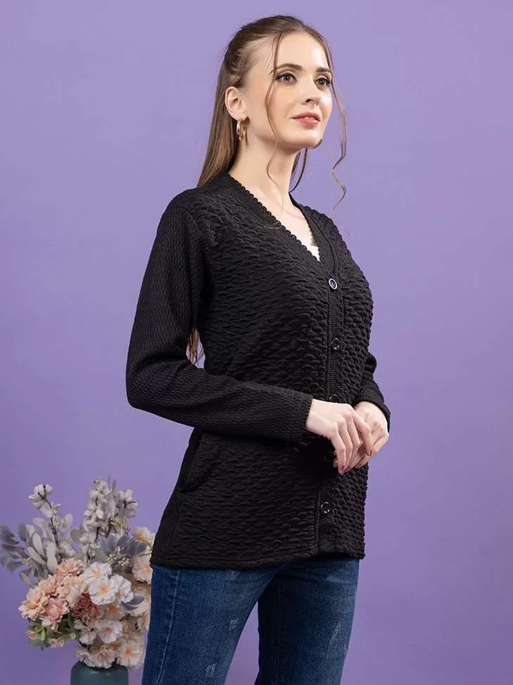 Self Design V Neck Party Women Pure Wool Black Sweater