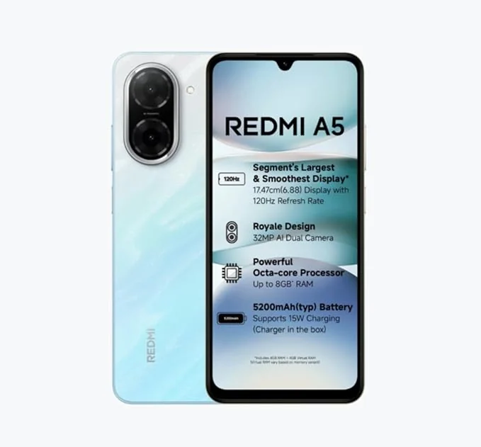 Redmi A5 Pondicherry Blue(3GB RAM 64GB Storage) | Royale Design | Segment's Largest 17.47cm(6.88) and Smoothest 120Hz Display | 5200mAh Large Battery | Expandable Storage up to 2TB