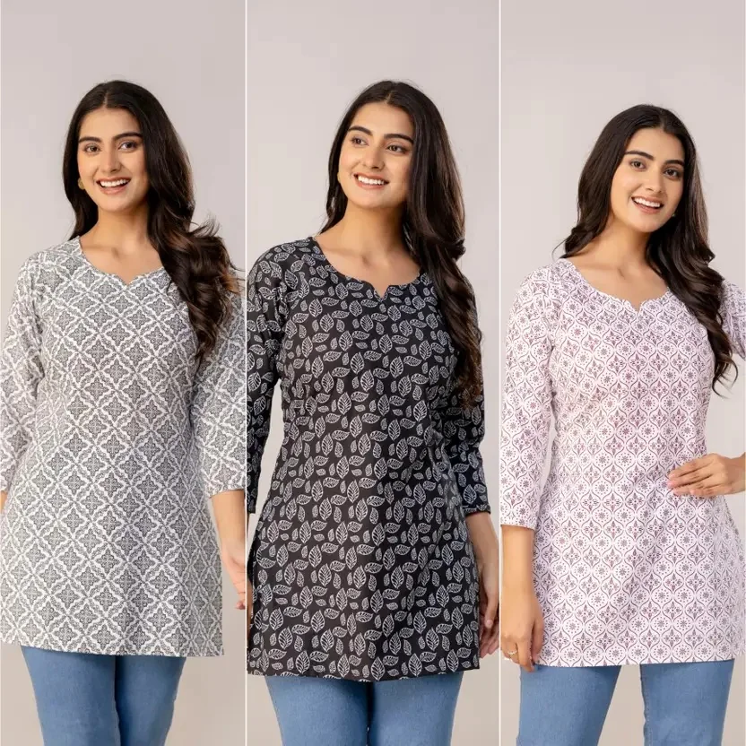 SS1Creation Pack of 3 Women Printed Pure Cotton Straight Kurta  (Grey, Black, Maroon) - Best Price ₹430 at Flipkart