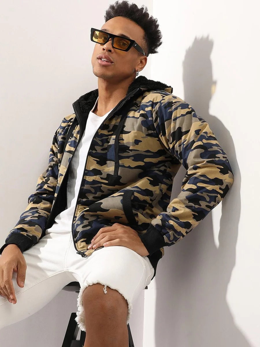 Men Navy Blue Camouflage Windcheater Outdoor Bomber with Patchwork Jacket