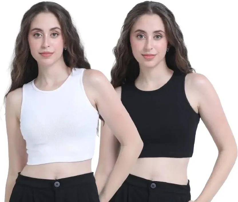 Chroma Style Pack of 2 Casual Sleeveless Solid Women White, Black Top