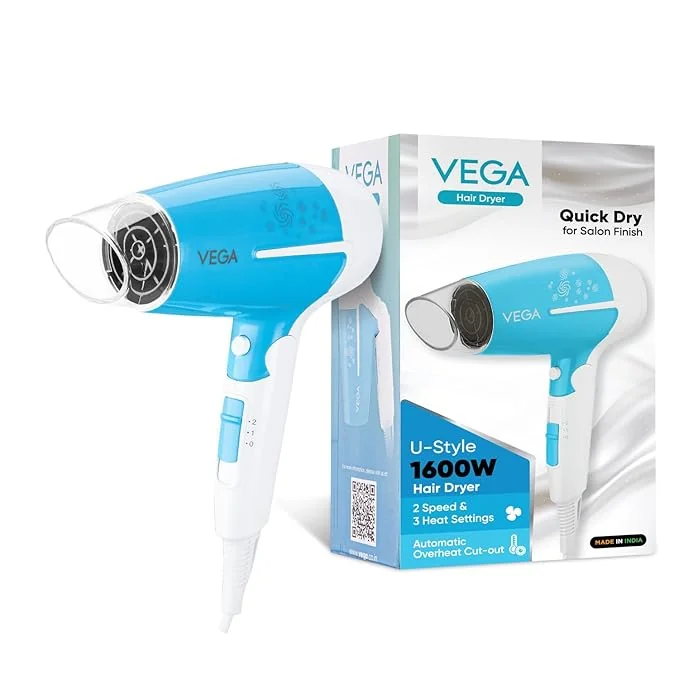 Vega U Style 1400-1600W Foldable Hair Dryer for Women & Men with Cool Shot Button, 2 Speed/3 Heat Settings, Detachable Nozzle, Travel Friendly, Fast Hair Drying, (VHDH-32) - Best Price ₹799 at Amazon