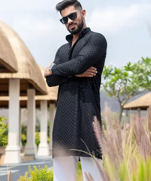 Lazzly Men Printed, Chikan Embroidery Viscose Rayon Straight Kurta  (Black) - Best Price ₹463 at Flipkart