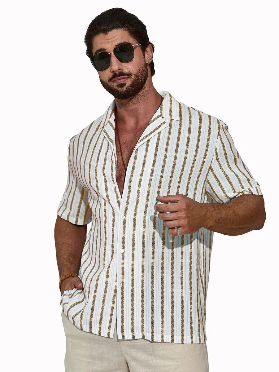 Men's Front Button Short Sleeve Striped Top, Casual (2026)