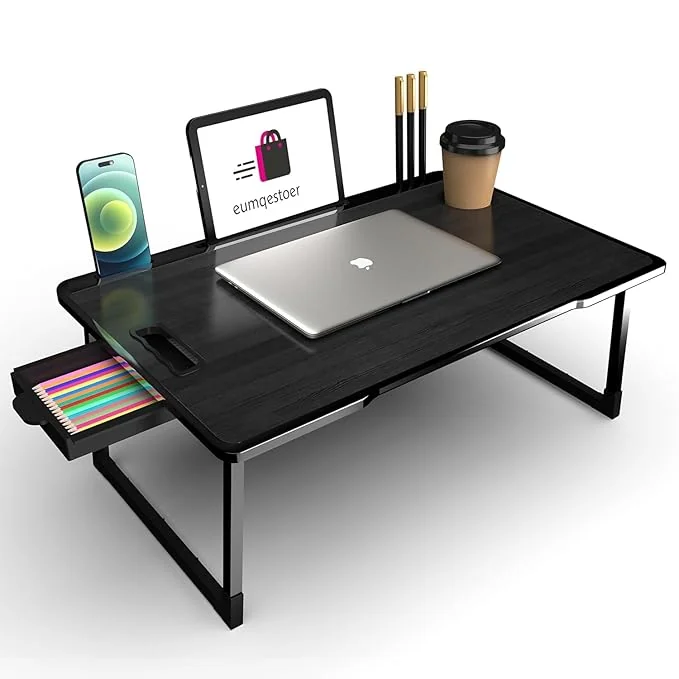 Foldable Wooden Mini Laptop Table for Bed, Study Table with Drawer, Tablet/Mobile Holder for Kids & Adults (US-Black COTED) - Best Price ₹199 at Amazon