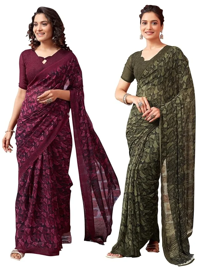 SIRIL Women's Georgette Printed Saree With Unstitched Blouse Piece Combo Pack Of 2 - Best Price ₹549 at Amazon