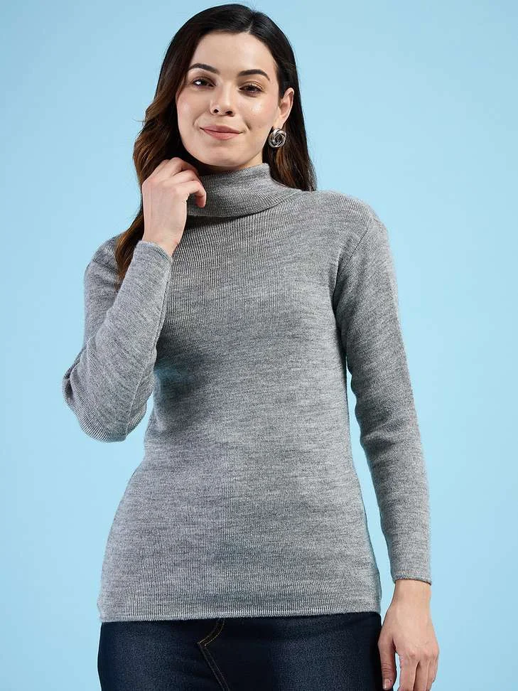 Self Design High Neck Casual Women Wool Blend Grey Sweater - Best Price ₹231 at Shopsy