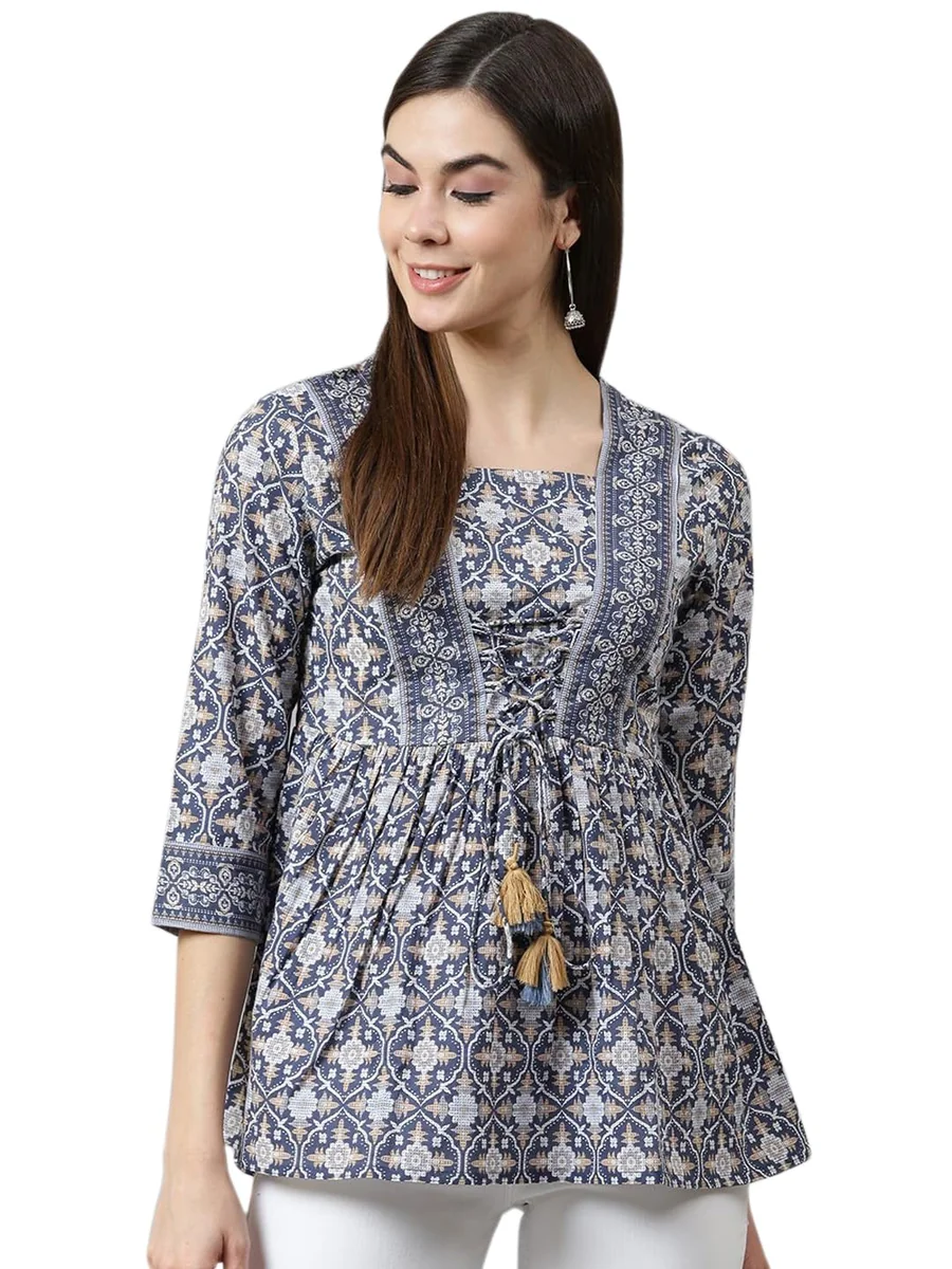 Women's Navy Blue Cotton Top | Geometric Printed Short Kurti Style Shirt | Stylish for Ladies | Peplum-Inspired Regular Fit Cotton Frock Top