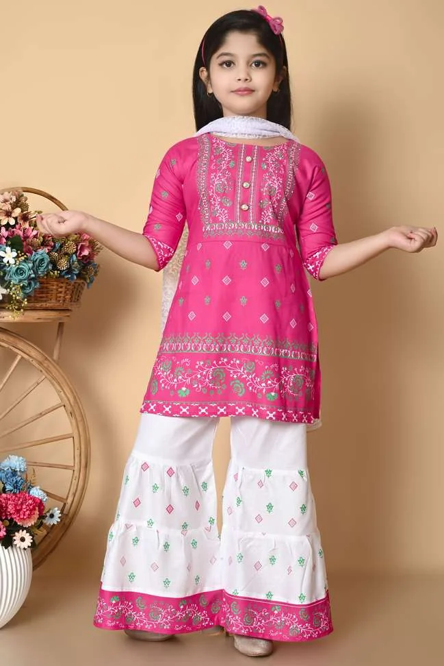 Girls Cotton Blend Kurta, Churidar & Dupatta Set