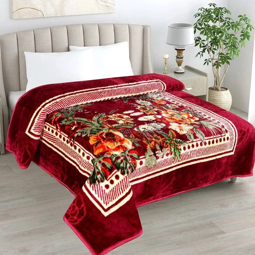 LA VERNE Floral Double Mink Blanket for  Heavy Winter  (Woollen Blend, Multi 2)