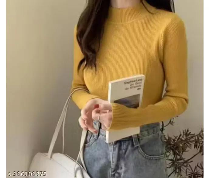 A.S Mans & Womans Fashions Women Self Design High Neck Cotton Blend Yellow T-Shirt