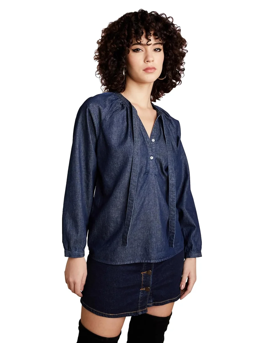 Amazon Brand - INKAST Solid Women's Denim Full Sleeve Regular Fit Tie-up Neck Blouse - Best Price ₹449 at Amazon