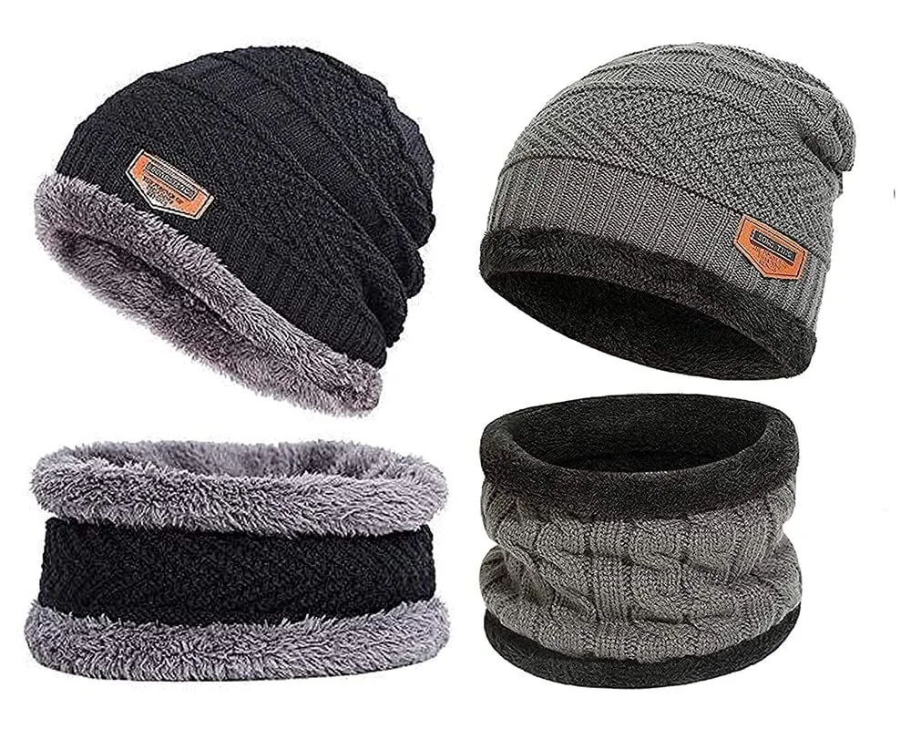 2 Pairs Men's Women's Snow Proof,Inside Fur, Warm Woolen Cap with Neck Muffler/Neck Warmer/Scarf for Winters Free Size Beanie Cap Neck Warmer Set(EV