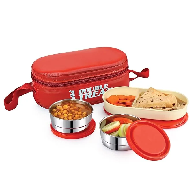 CELLO Double Treat Stainless Steel Lunch Box with Bag, Red | 2 x 300 ml Steel Containers, 1 x Oval Container | Food Grade, BPA Free, Rust & Leakproof, Airtight Snaplock Mini Tiffin Box for Office