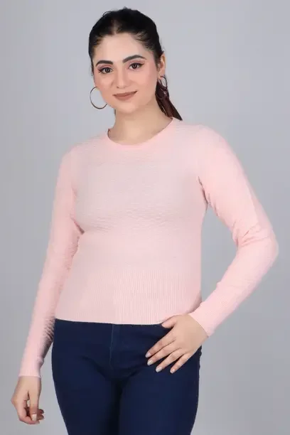 FEVERFEW Women Solid Round Neck Pink Sweater