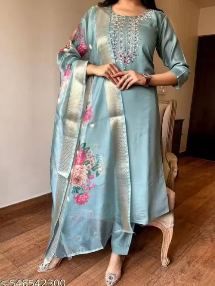 Women's Attractive Olive Reyon Slub Embroidered Kurta Pant Dupatta Set - Best Price ₹328 at Meesho